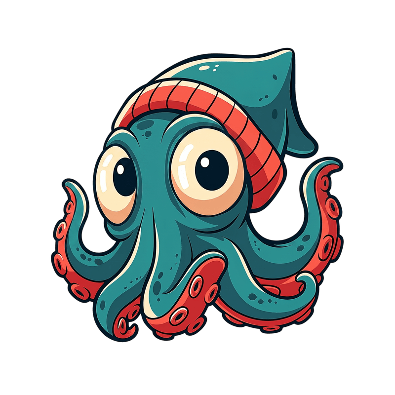 Studio Squidney mascot — a bobtail squid in a coral knit beanie